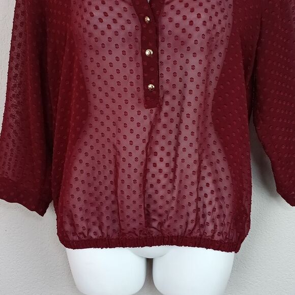 The Limited Women Burgundy Sheer Poka Dot Long Sleeve Top Sz M - Picture 3 of 11